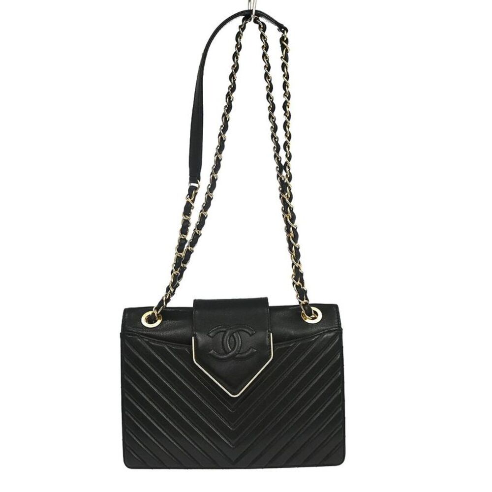 Chanel Collar And Tie Flap Chevron Sheepskin Black Leather Shoulder Bag Bag